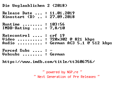 NFO for the release Die.Unglaublichen.2.German.2018.AC3.BDRip.x264-COiNCiDENCE by COiNCiDENCE