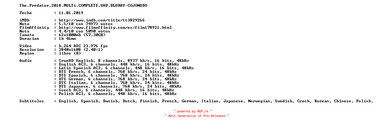NFO for the release The.Predator.2018.MULTi.COMPLETE.UHD.BLURAY-COJONUDO by COJONUDO