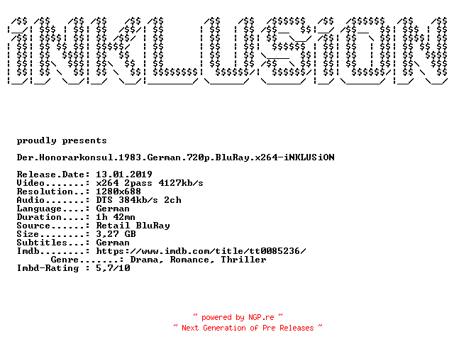 NFO for the release Der.Honorarkonsul.1983.German.720p.BluRay.x264-iNKLUSiON by iNKLUSiON