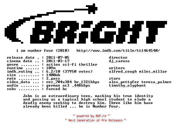 NFO for the release Ich.bin.Nummer.Vier.German.AC3.BDRip.XviD-BRiGHT by BRiGHT