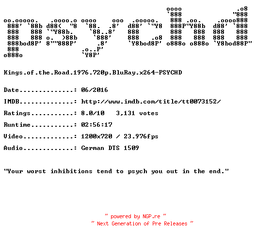 NFO for the release Kings.of.the.Road.1976.720p.BluRay.x264-PSYCHD by PSYCHD