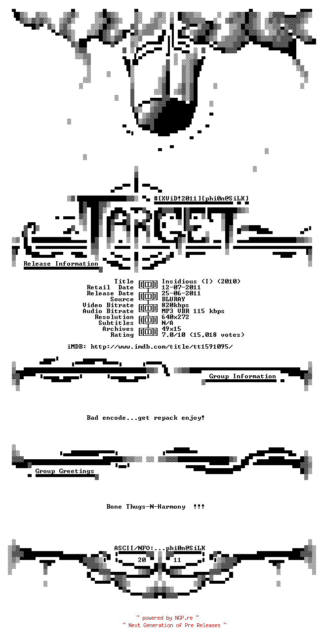 NFO for the release Insidious.2010.REPACK.BDRip.XviD-TARGET by TARGET