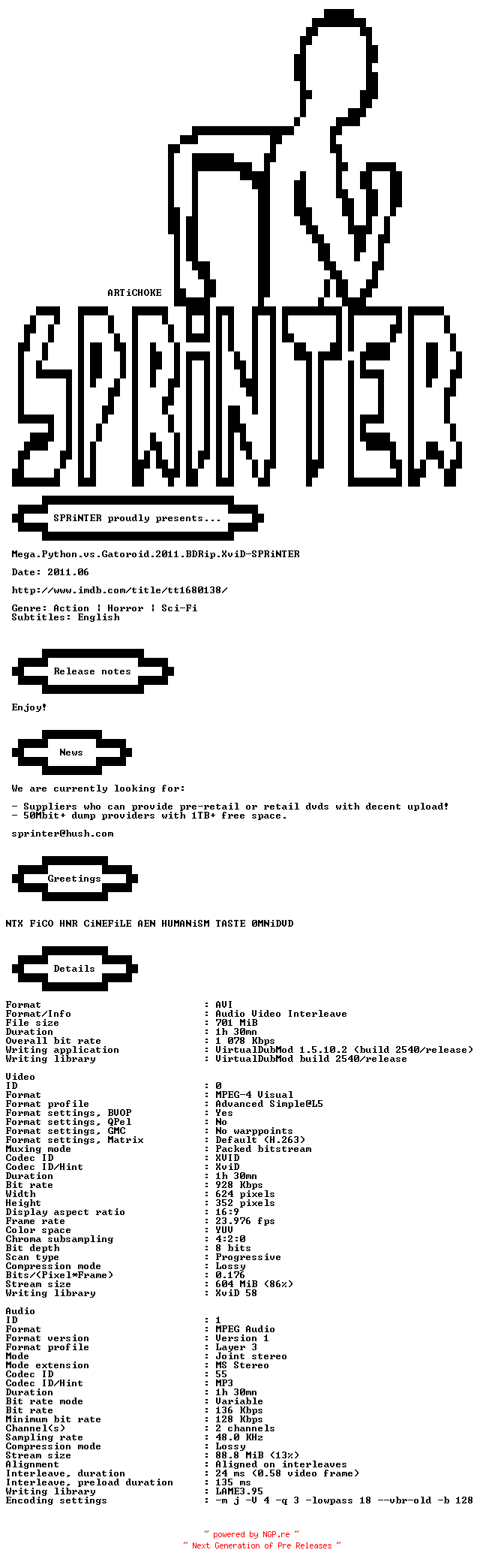 NFO for the release Mega.Python.vs.Gatoroid.2011.BDRip.XviD-SPRiNTER by SPRiNTER