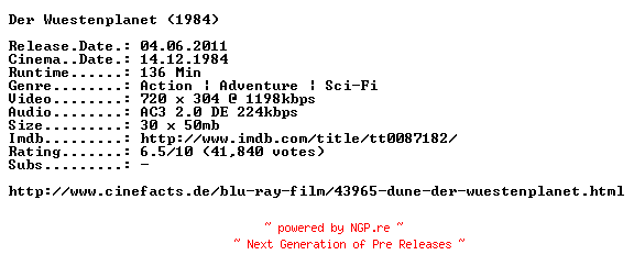 NFO for the release Dune.Der.Wuestenplanet.German.1984.AC3.BDRip.XviD.INTERNAL-ARC by ARC