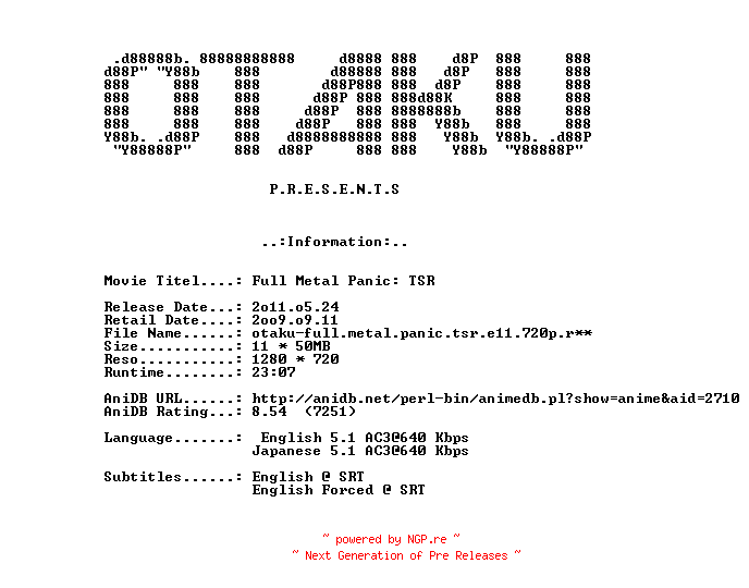 NFO for the release Full.Metal.Panic.The.Second.Raid.E11.His.Problem.720p.Bluray.x264-OTAKU by OTAKU