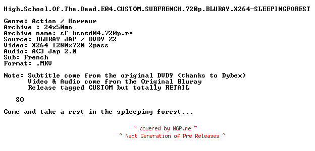 NFO for the release High.School.Of.The.Dead.E04.CUSTOM.SUBFRENCH.720p.BLURAY.X264-SLEEPINGFOREST by SLEEPINGFOREST