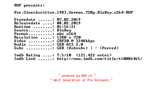 NFO for the release Die.Gluecksritter.1983.German.720p.BluRay.x264-RWP by RWP