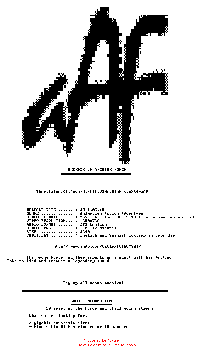NFO for the release Thor.Tales.Of.Asgard.2011.720p.BluRay.x264-aAF by aAF