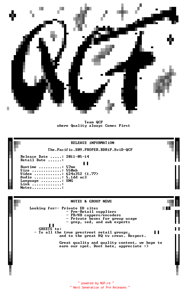 NFO for the release The.Pacific.E09.PROPER.BDRiP.XviD-QCF by QCF