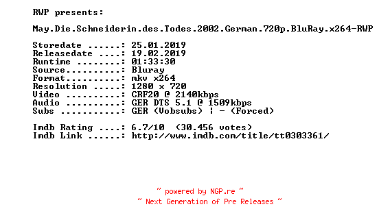 NFO for the release May.Die.Schneiderin.des.Todes.2002.German.720p.BluRay.x264-RWP by RWP