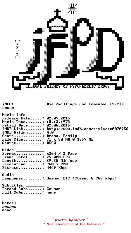 NFO for the release Die.Zwillinge.vom.Immenhof.1973.German.720p.BluRay.x264-iFPD by iFPD
