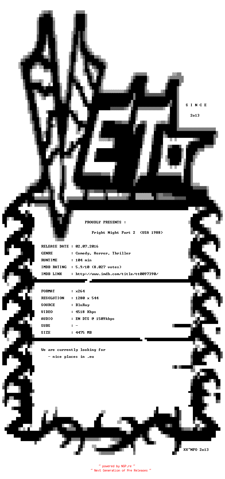 NFO for the release Fright.Night.Part.2.1988.720p.BluRay.x264-VETO by VETO