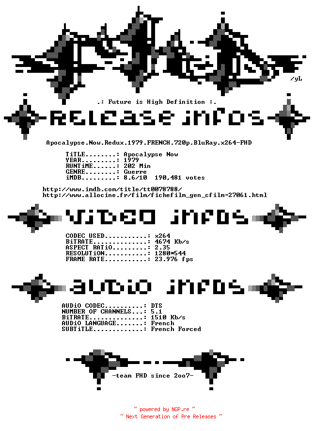 NFO for the release Apocalypse.Now.Redux.1979.FRENCH.720p.BluRay.x264-FHD by FHD