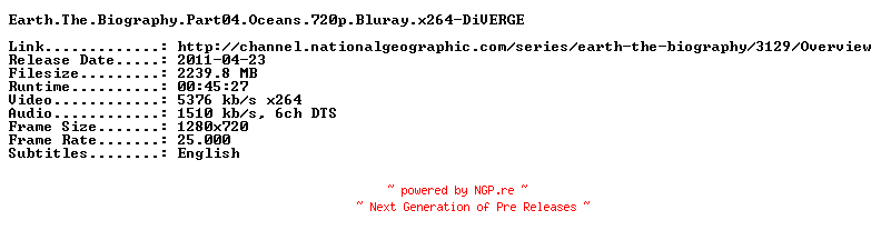NFO for the release Earth.The.Biography.Part04.Oceans.720p.Bluray.x264-DiVERGE by DiVERGE