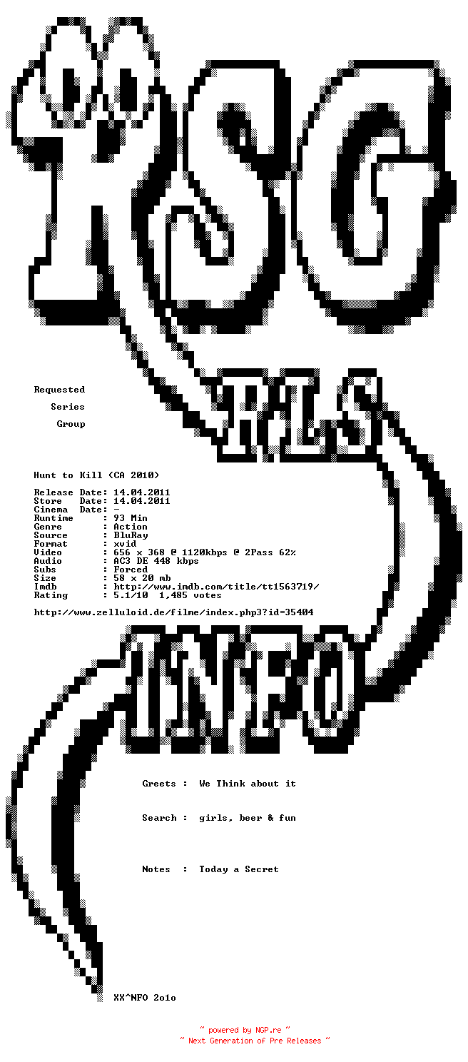 NFO for the release Hunt.to.Kill.German.2010.AC3.BDRip.XviD-RSG by RSG