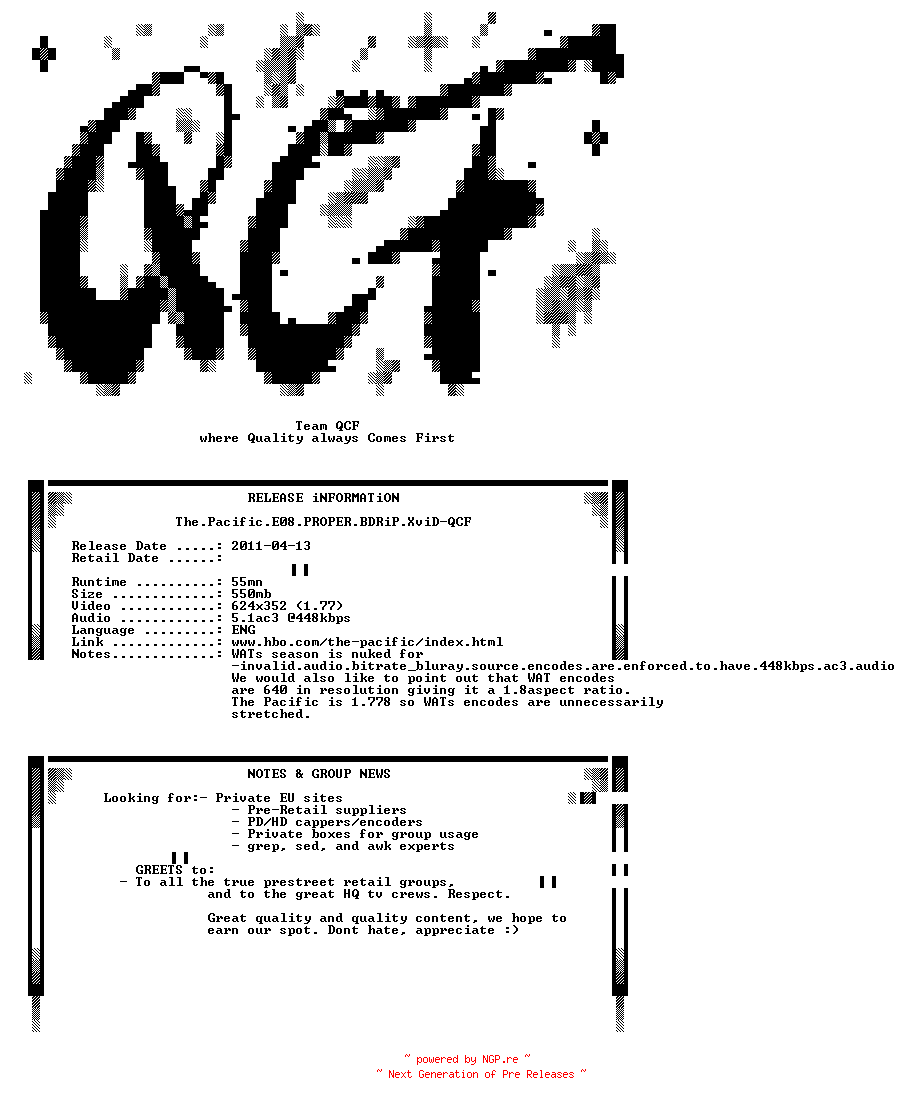 NFO for the release The.Pacific.E08.PROPER.BDRiP.XviD-QCF by QCF