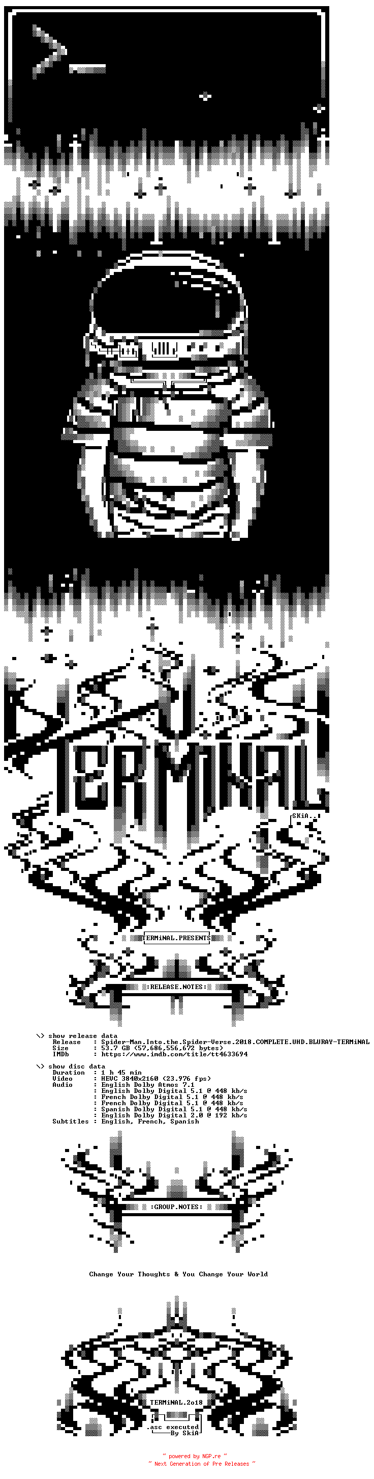 NFO for the release Spider-Man.Into.the.Spider-Verse.2018.COMPLETE.UHD.BLURAY-TERMiNAL by TERMiNAL