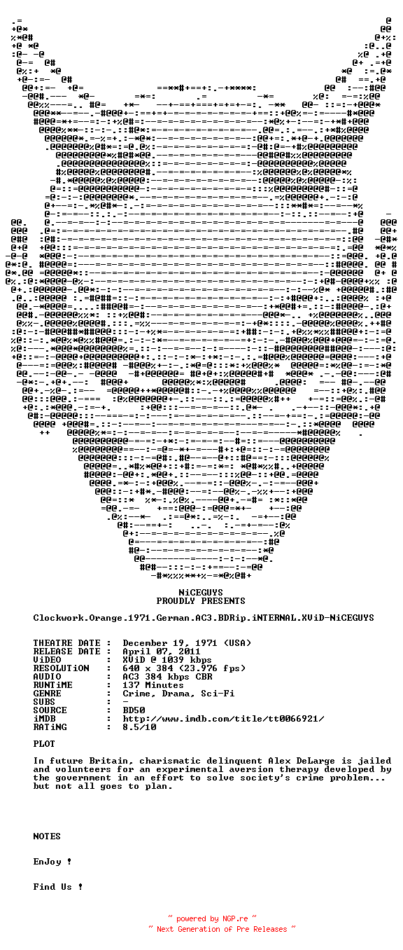 NFO for the release Clockwork.Orange.1971.German.AC3.BDRip.iNTERNAL.XViD-NiCEGUYS by NiCEGUYS