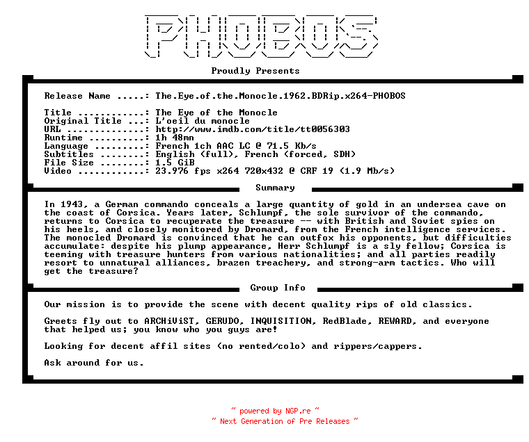 NFO for the release The.Eye.of.the.Monocle.1962.BDRip.x264-PHOBOS by PHOBOS