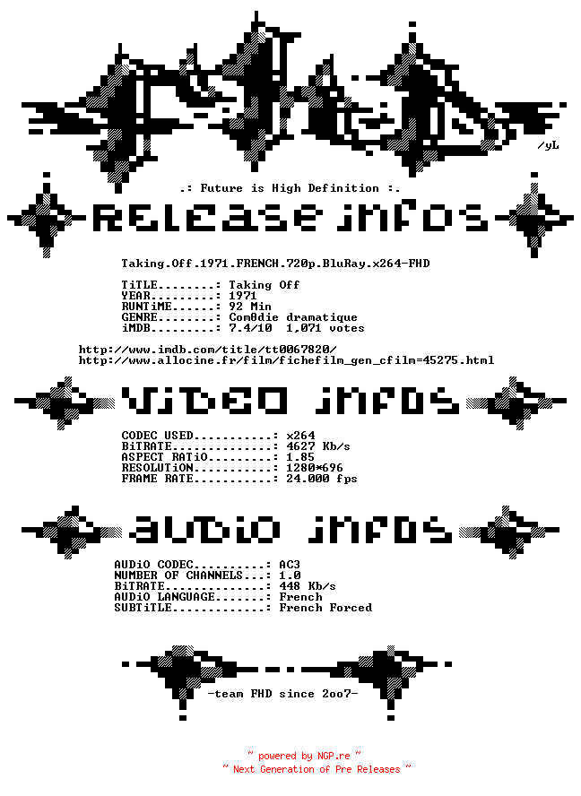 NFO for the release Taking.Off.1971.FRENCH.720p.BluRay.x264-FHD by FHD