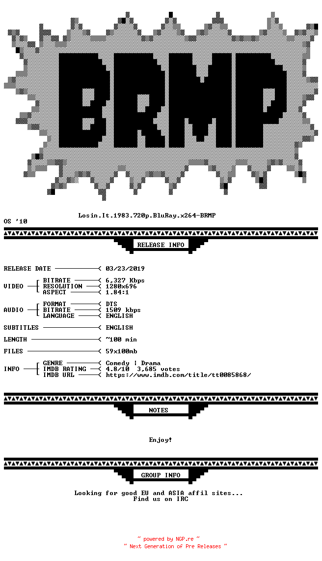 NFO for the release Losin.It.1983.720p.BluRay.x264-BRMP by BRMP