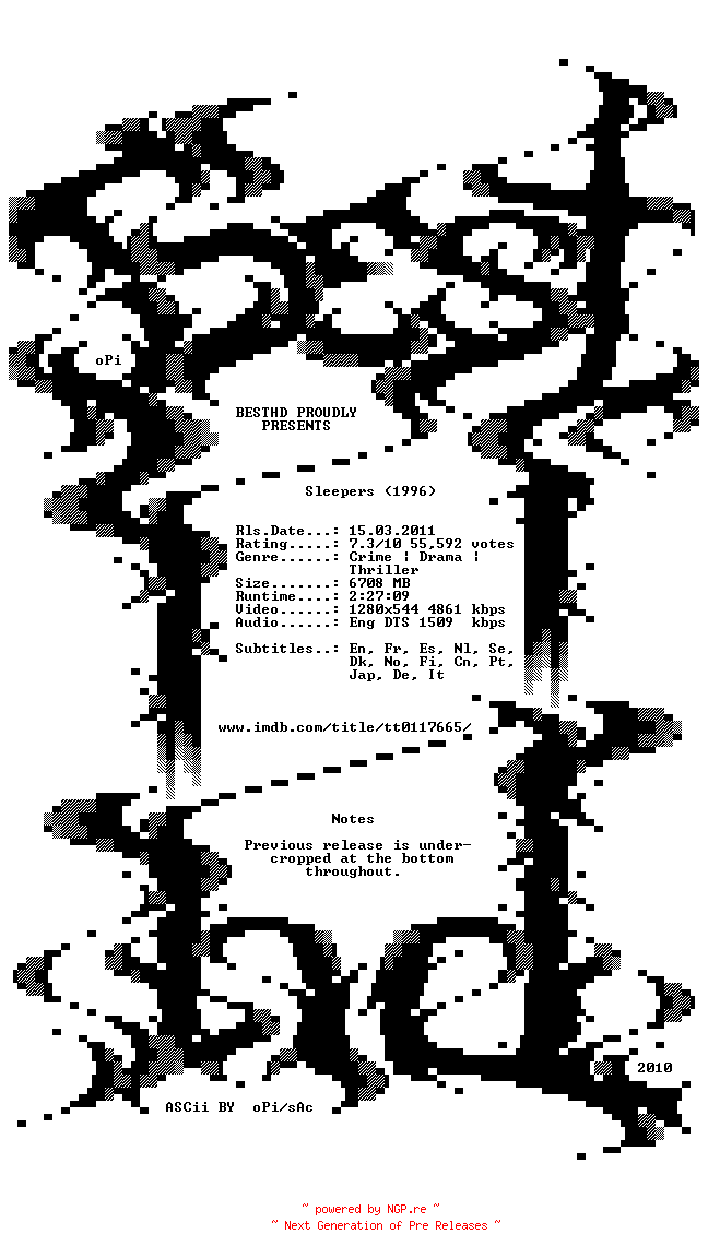 NFO for the release Sleepers.1996.PROPER.720p.BluRay.x264-BestHD by BestHD
