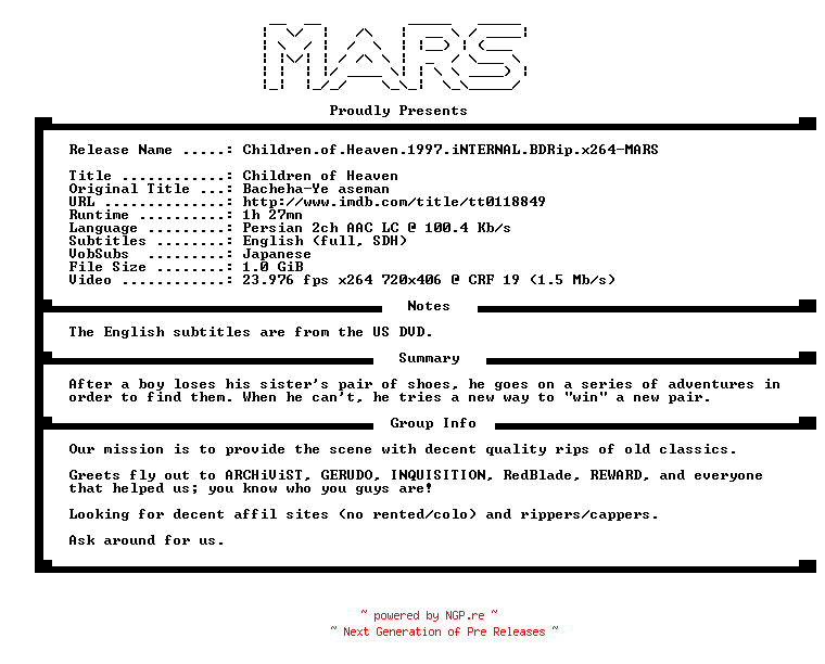 NFO for the release Children.of.Heaven.1997.iNTERNAL.BDRip.x264-MARS by MARS