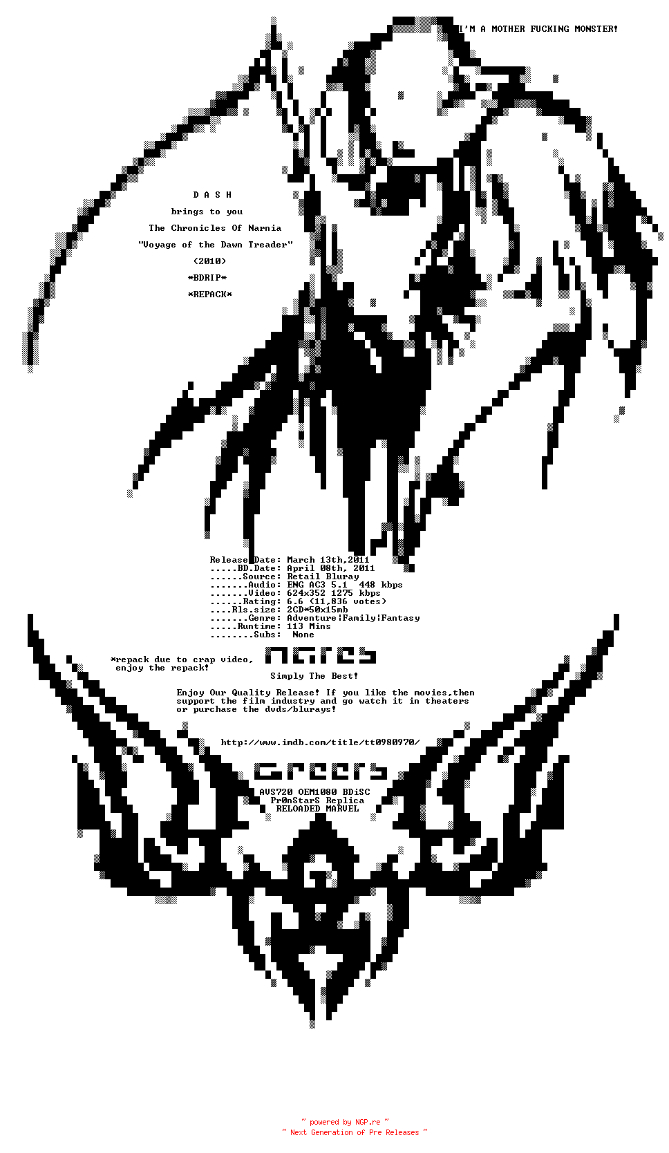 NFO for the release The.Chronicles.Of.Narnia.The.Voyage.Of.The.Dawn.Treader.BDRip.REPACK.XviD-DASH by DASH