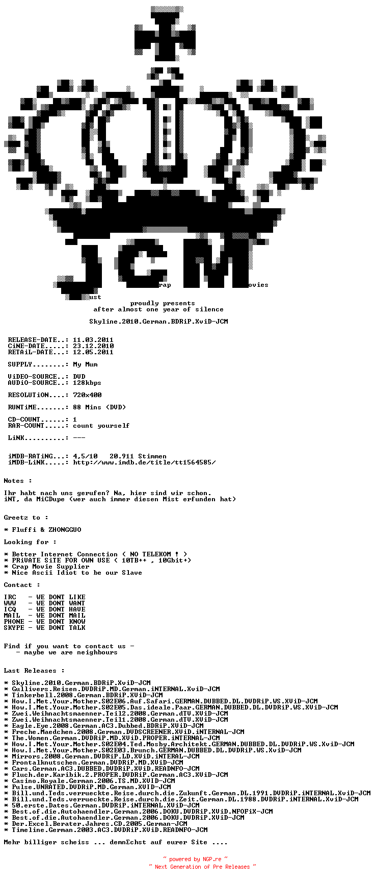 NFO for the release Skyline.2010.German.BDRiP.XviD-JCM by JCM