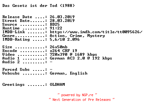 NFO for the release Das.Gesetz.ist.der.Tod.German.1988.AC3.BDRiP.x264.iNTERNAL-SPiCY by SPiCY