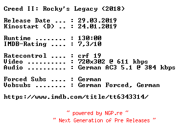 NFO for the release Creed.II.Rockys.Legacy.German.2018.AC3.BDRip.x264-COiNCiDENCE by COiNCiDENCE