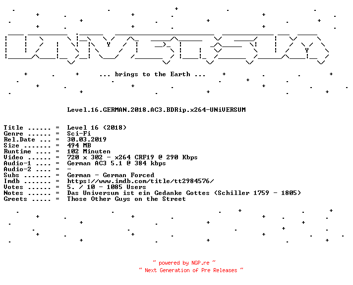 NFO for the release Level.16.GERMAN.2018.AC3.BDRip.x264-UNiVERSUM by UNiVERSUM