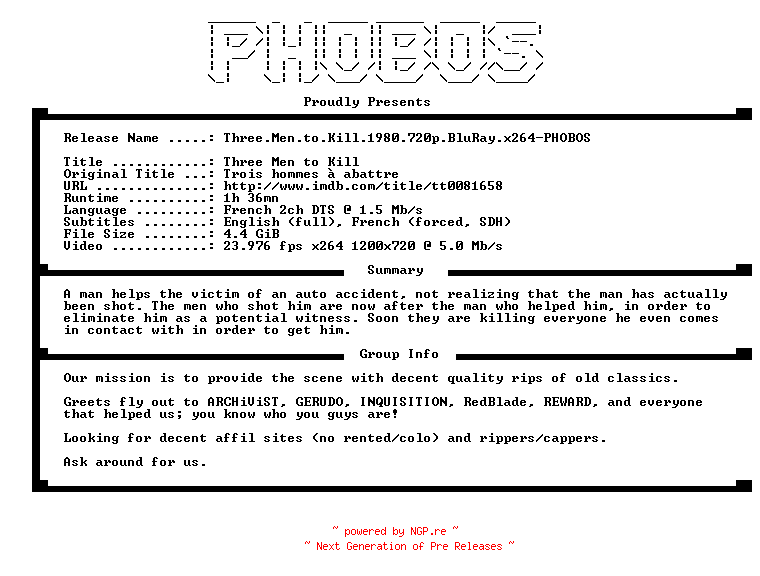 NFO for the release Three.Men.to.Kill.1980.720p.BluRay.x264-PHOBOS by PHOBOS