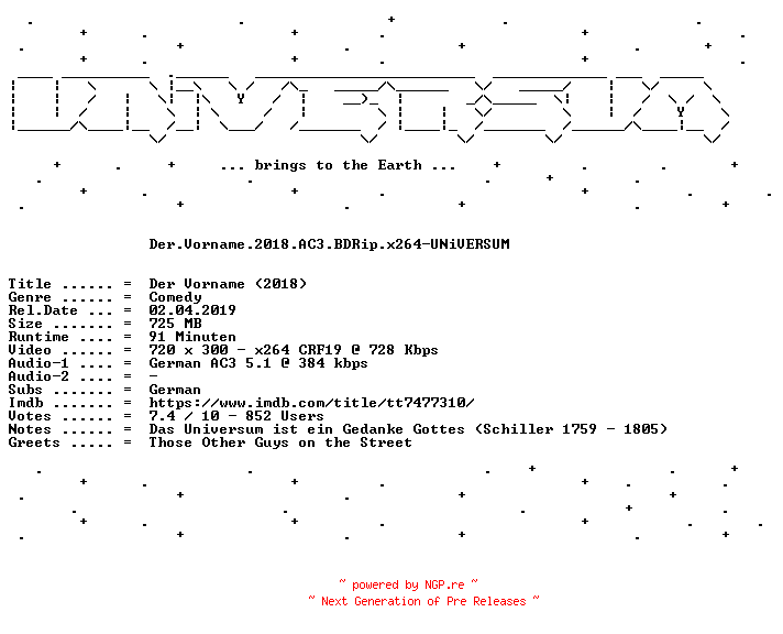 NFO for the release Der.Vorname.GERMAN.2018.AC3.BDRip.x264-UNiVERSUM by UNiVERSUM
