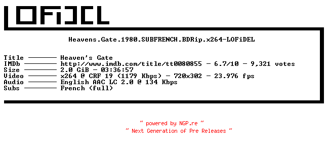 NFO for the release Heavens.Gate.1980.SUBFRENCH.BDRip.x264-LOFiDEL by LOFiDEL