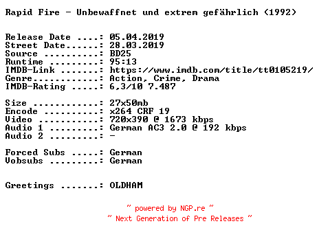 NFO for the release Rapid.Fire.Unbewaffnet.und.extrem.gefaehrlich.German.1992.AC3.BDRiP.x264.iNTERNAL-SPiCY by SPiCY