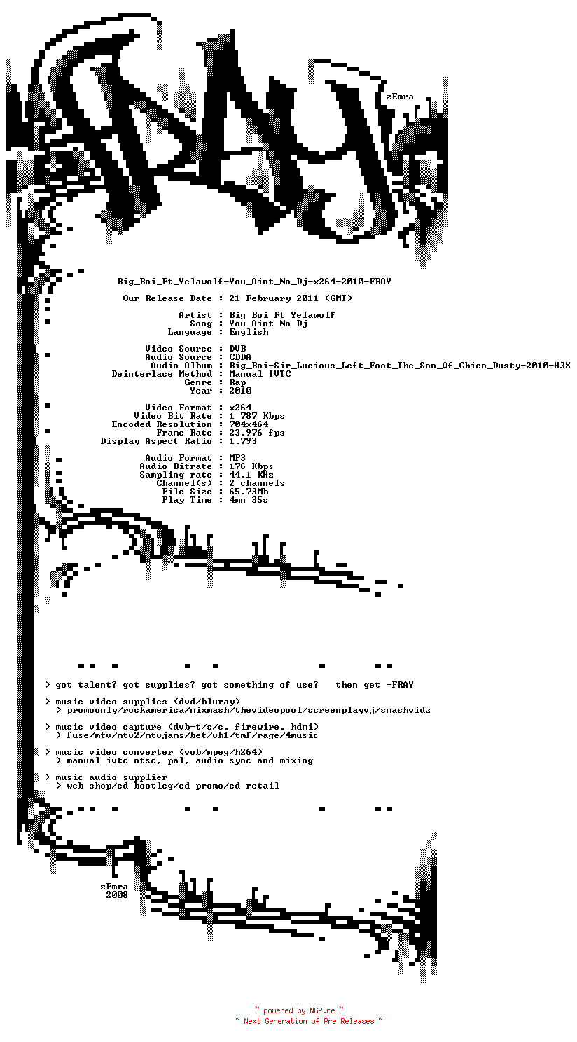 NFO for the release Big_Boi_Ft_Yelawolf-You_Aint_No_Dj-x264-2010-FRAY by FRAY
