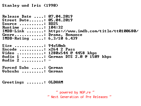 NFO for the release Stanley.und.Iris.1990.German.720p.BluRay.x264-SPiCY by SPiCY