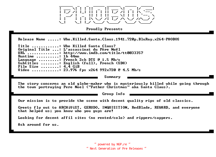 NFO for the release Who.Killed.Santa.Claus.1941.720p.BluRay.x264-PHOBOS by PHOBOS
