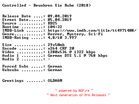 NFO for the release Controlled.Bewahren.Sie.Ruhe.2018.German.720p.BluRay.x264-SPiCY by SPiCY