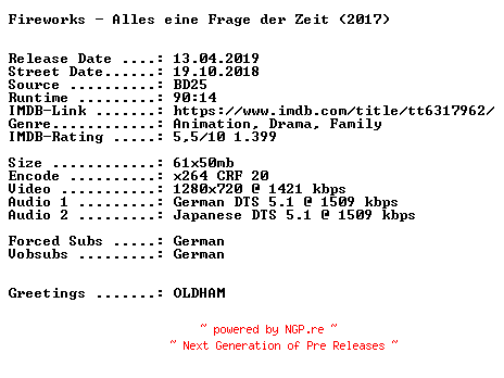NFO for the release Fireworks.Alles.eine.Frage.der.Zeit.2017.German.DL.720p.BluRay.x264-SPiCY by SPiCY
