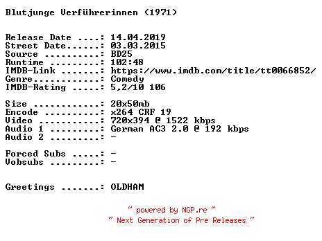 NFO for the release Blutjunge.Verfuehrerinnen.German.1971.AC3.BDRiP.x264.iNTERNAL-SPiCY by SPiCY