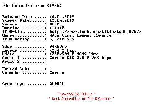 NFO for the release Die.Unbezaehmbaren.1955.German.720p.BluRay.x264-SPiCY by SPiCY