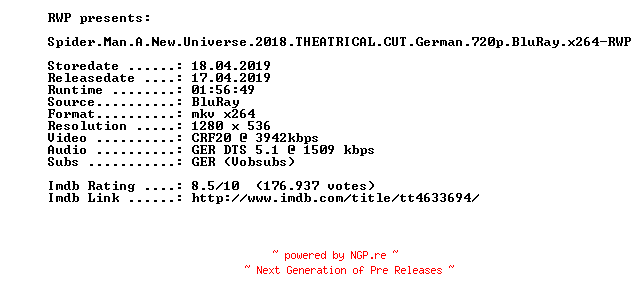 NFO for the release Spider.Man.A.New.Universe.2018.THEATRICAL.CUT.German.720p.BluRay.x264-RWP by RWP