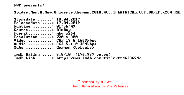 NFO for the release Spider.Man.A.New.Universe.German.2018.AC3.THEATRICAL.CUT.BDRiP.x264-RWP by RWP