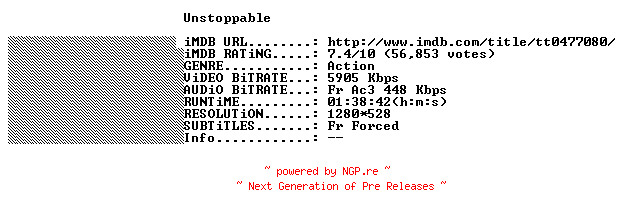 NFO for the release Unstoppable.FRENCH.720p.BluRay.x264-THENiGHTMAREiNHD by THENiGHTMAREiNHD