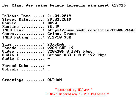 NFO for the release Der.Clan.der.seine.Feinde.lebendig.einmauert.German.KiNOFASSUNG.1971.AC3.BDRip.x264-SPiCY by SPiCY