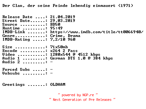 NFO for the release Der.Clan.der.seine.Feinde.lebendig.einmauert.1971.KiNOFASSUNG.German.720p.BluRay.x264-SPiCY by SPiCY
