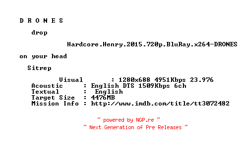 NFO for the release Hardcore.Henry.2015.720p.BluRay.x264-DRONES by DRONES