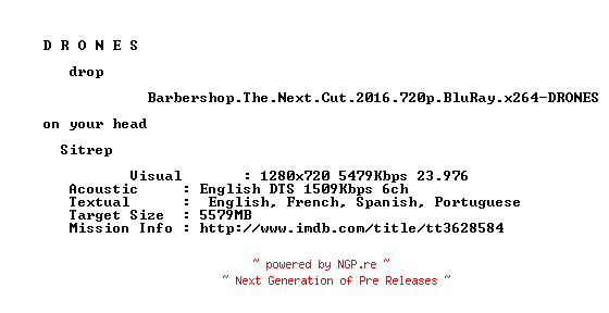 NFO for the release Barbershop.The.Next.Cut.2016.720p.BluRay.x264-DRONES by DRONES